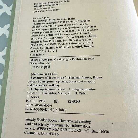 Vintage 1983 It's Me Hippo! Hardcover Book Pre-Loved - Picture 5 of 6